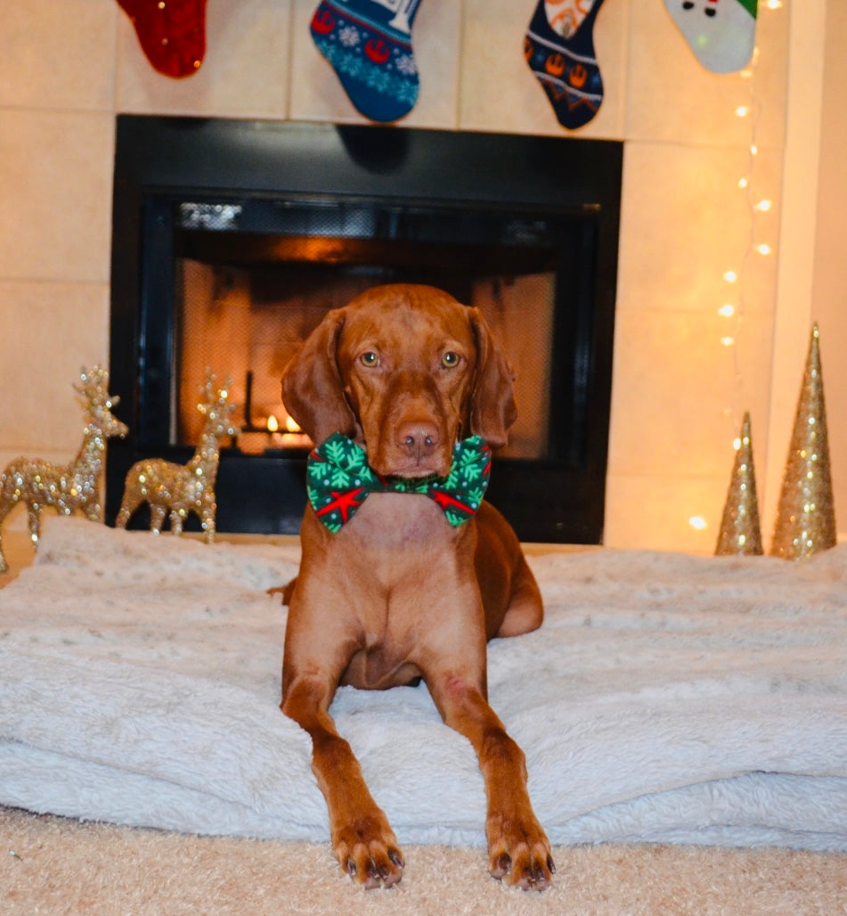 Green Flannel Snowflake Print Bow Tie