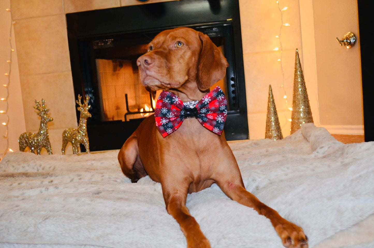 Red Black Plaid Snowflake Print Bow Tie