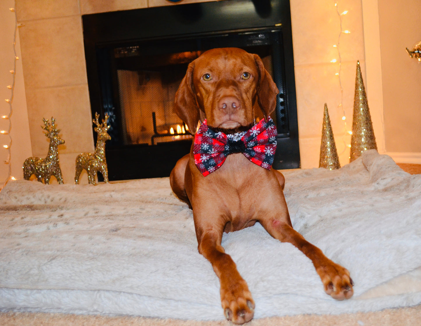 Red Black Plaid Snowflake Print Bow Tie