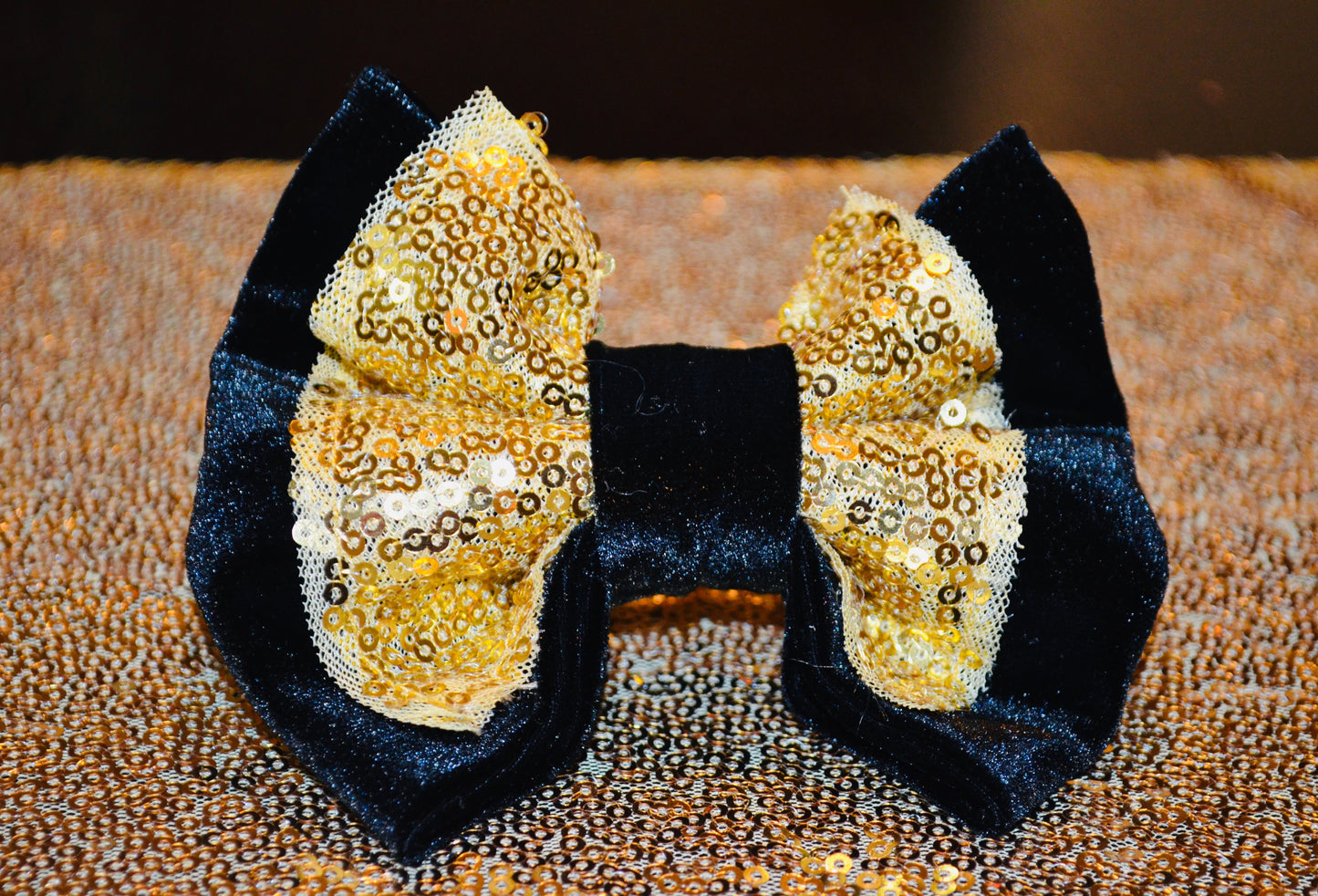 Black Velvet Gold Sequin Double Bow Tie