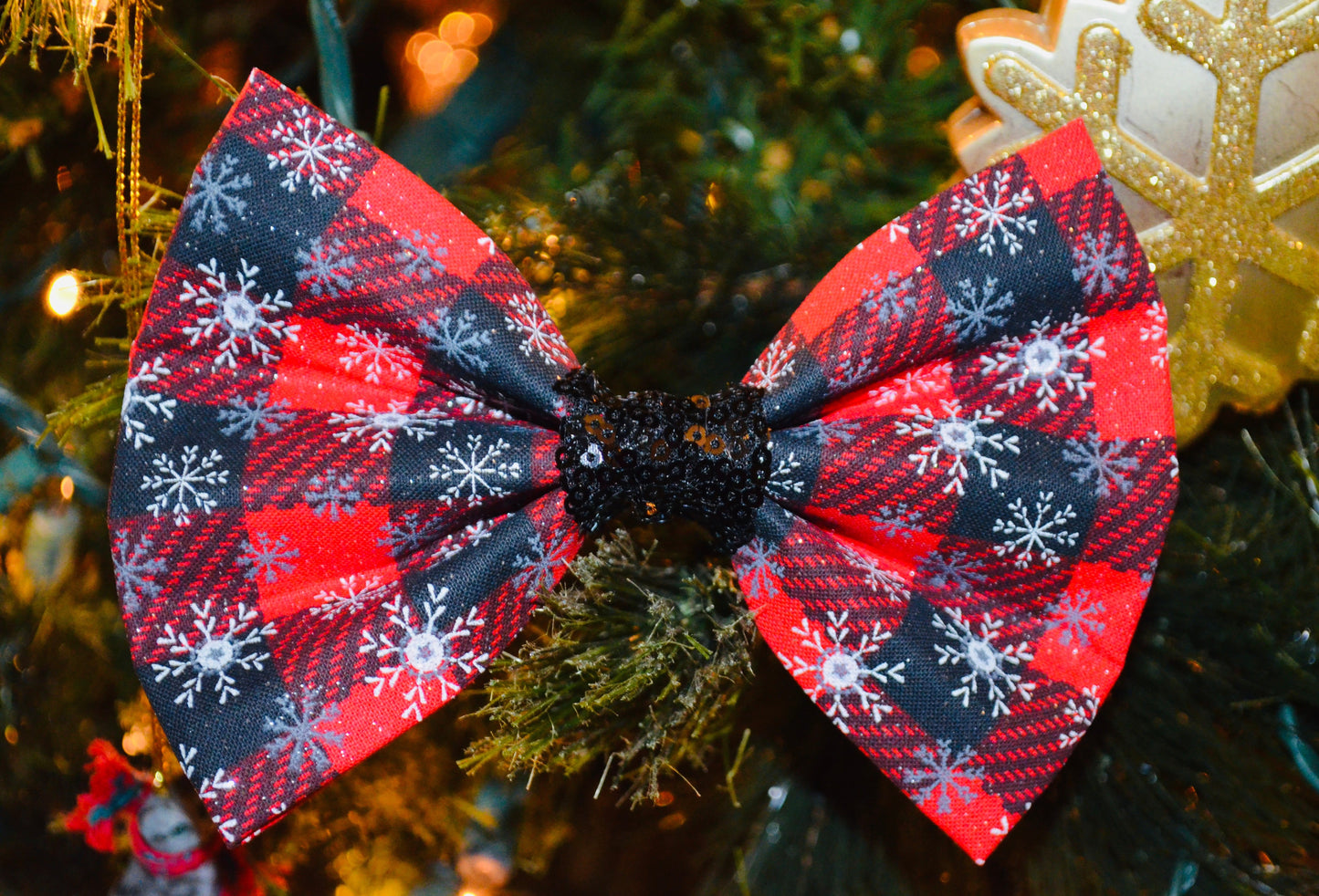 Red Black Plaid Snowflake Print Bow Tie