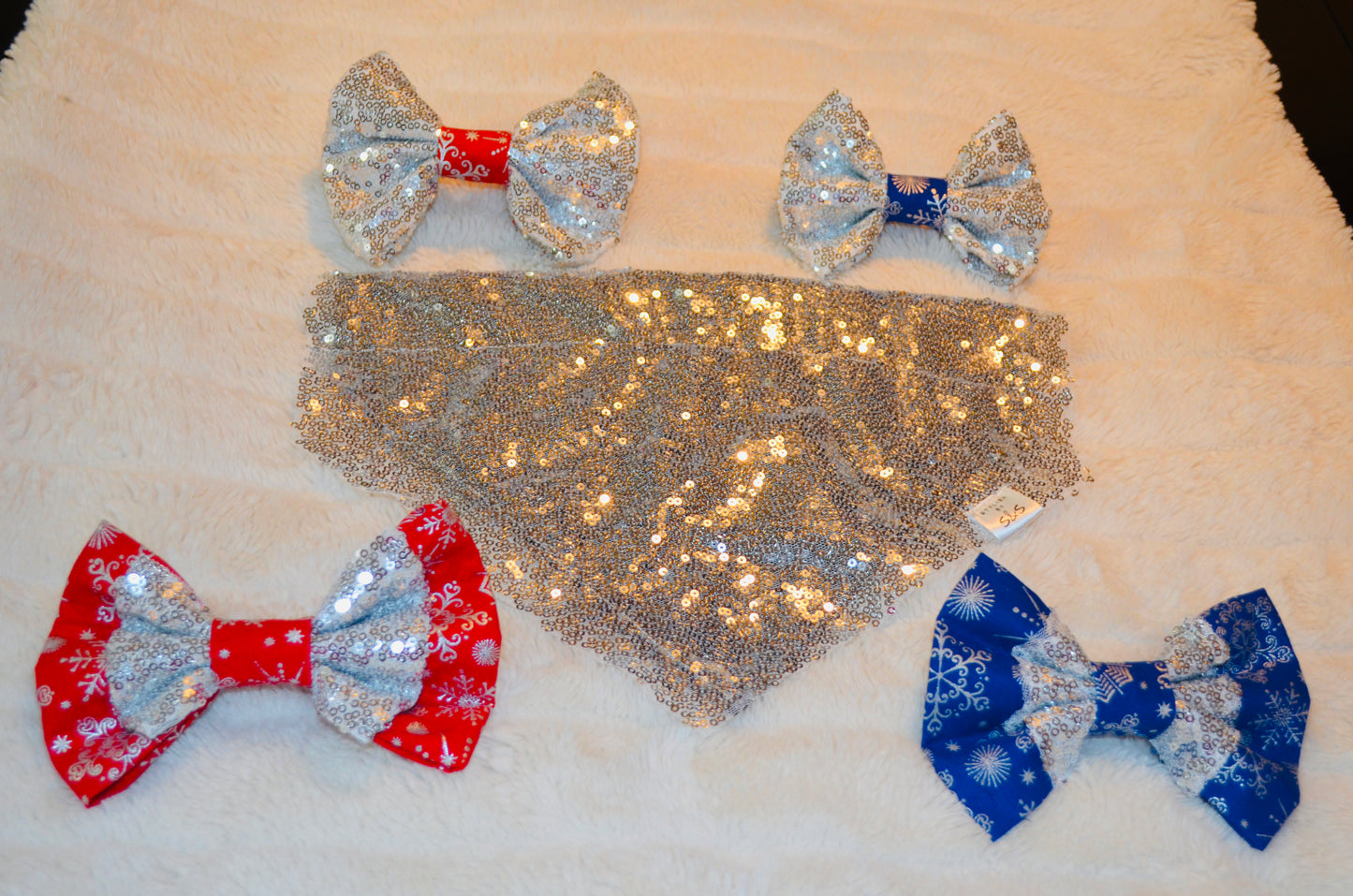 Red Silver Sequin Snowflake Double Bow Tie