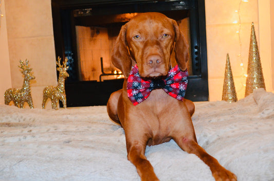 Red Black Plaid Snowflake Print Bow Tie