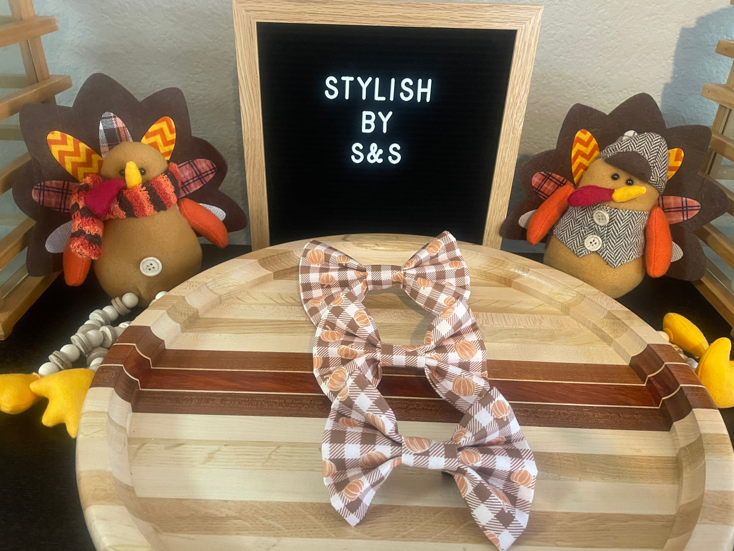 Peach Brown Plaid Pumpkin Bow Tie