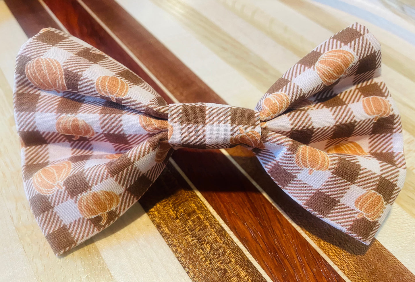 Peach Brown Plaid Pumpkin Bow Tie