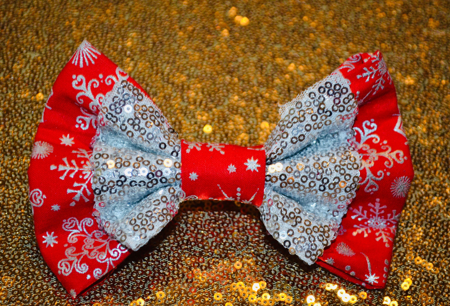 Red Silver Sequin Snowflake Double Bow Tie